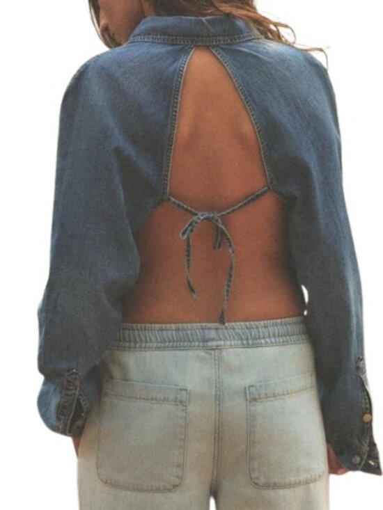 Zara Tops - ZARA Womens Button Up Cropped Denim Shirt Blue Open Tie Back L New